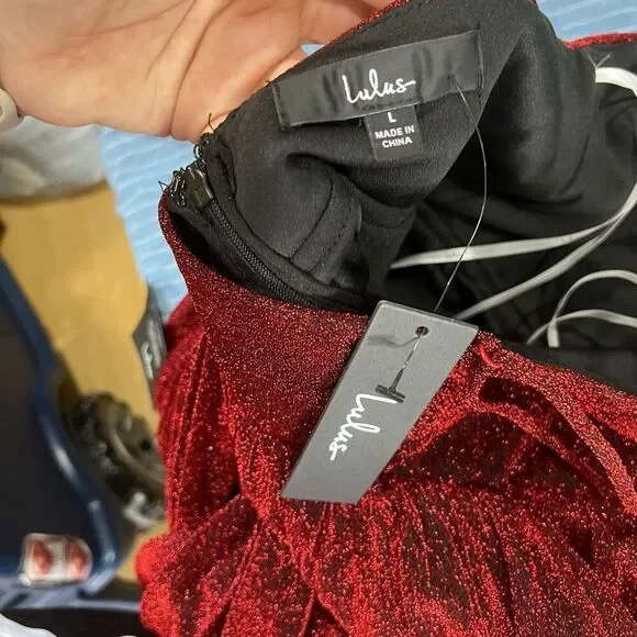 Lulus Shine Tonight Red Sparkly Pleated Skater Dress - Picture 8 of 12